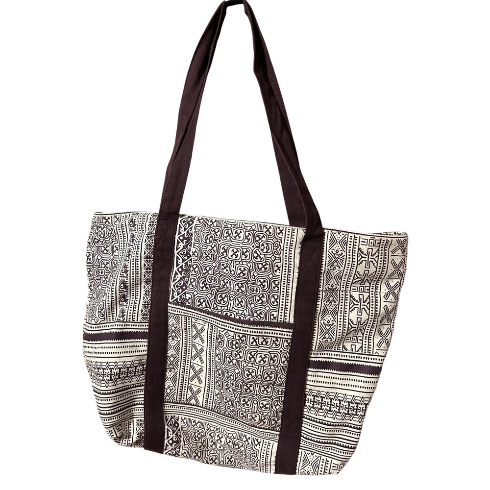 Black & Cream Tribal Print Fabric Tote | Zip Top | Lightweight Shoulder Bag